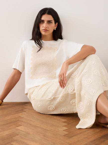 Mint Velvet Crochet Panel T-Shirt, White Ivory, White Ivory