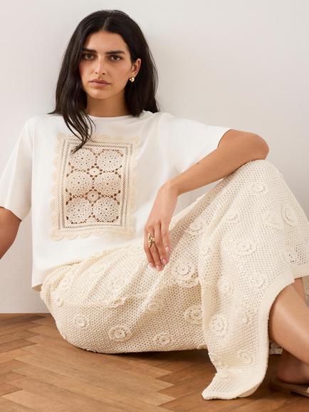Mint Velvet Crochet Panel T-Shirt, White Ivory - view 2, White Ivory