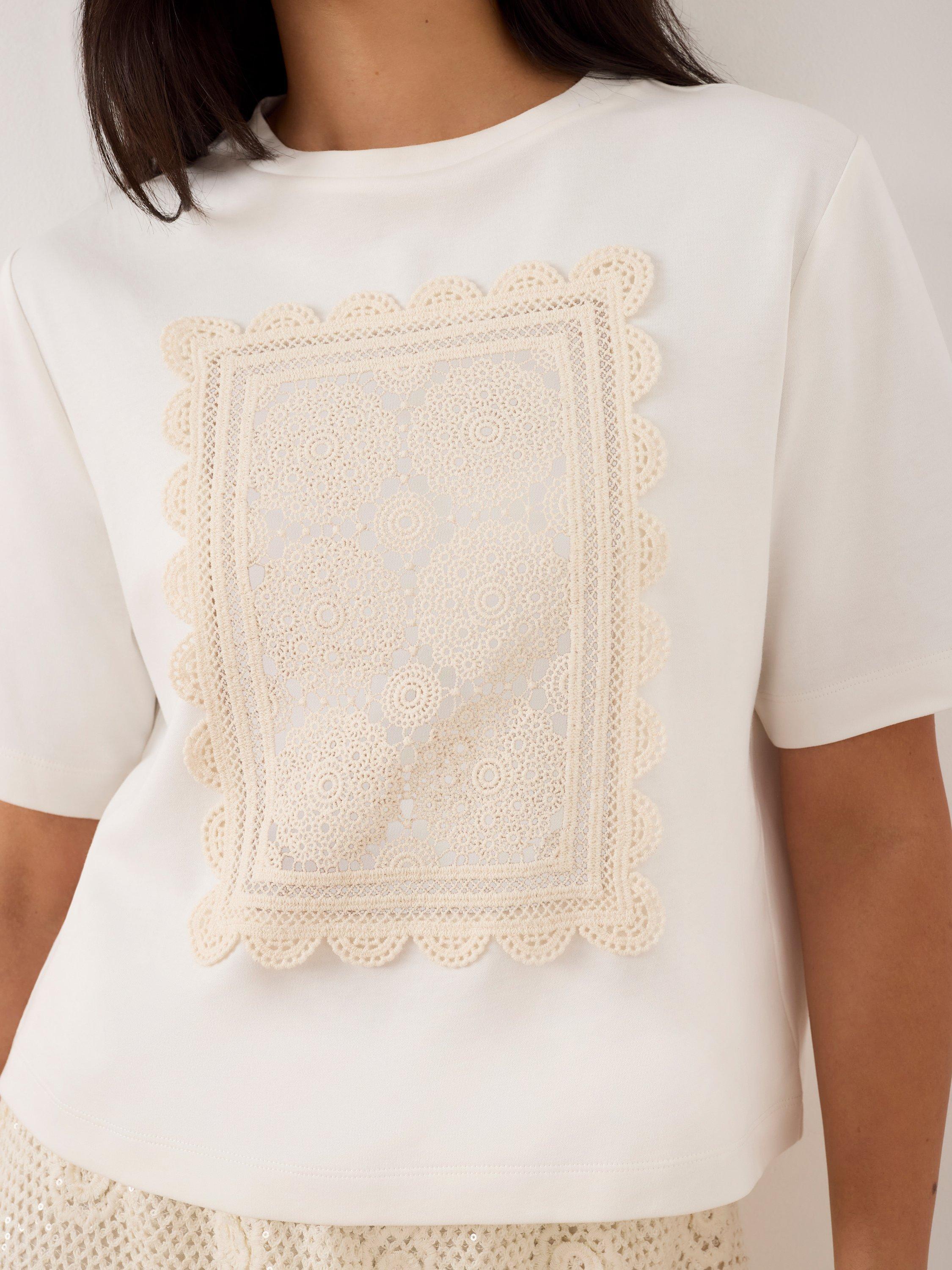 Mint Velvet Crochet Panel T-Shirt, White Ivory