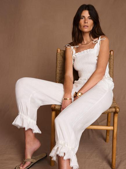 Mint Velvet Shirred Pure Linen Crop Top, White Ivory - view 2, White Ivory