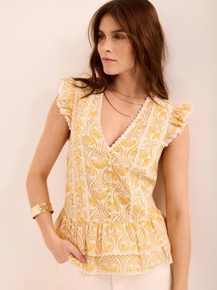 Mint Velvet Floral Ruffle Trim Cap Sleeve Top, Yellow/Multi, Yellow/Multi