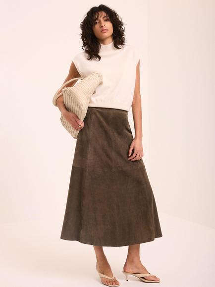Mint Velvet Pure Suede Midi Skirt, Green Khaki, Green Khaki