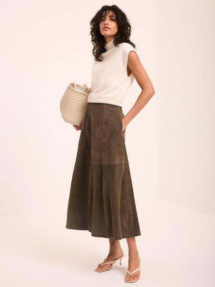 Mint Velvet Pure Suede Midi Skirt, Green Khaki - view 2, Green Khaki
