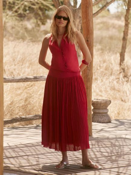 Mint Velvet Drop Waist Crinkle Midi Skirt, Red, Red