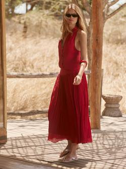 Mint Velvet Drop Waist Crinkle Midi Skirt, Red - view 2, Red