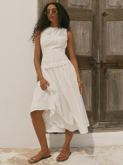 Mint Velvet Broderie Anglaise Scallop Trim Midi Dress, White Ivory, White Ivory