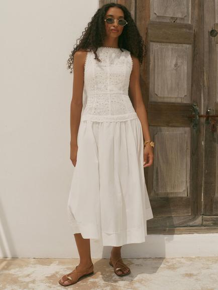 Mint Velvet Broderie Anglaise Scallop Trim Midi Dress, White Ivory - view 2, White Ivory