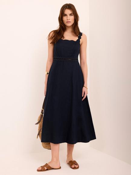 Mint Velvet Ric Rac Trim Pure Linen Midi Dress, Blue Navy, Blue Navy