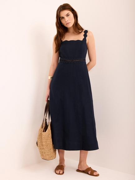 Mint Velvet Ric Rac Trim Pure Linen Midi Dress, Blue Navy - view 2, Blue Navy