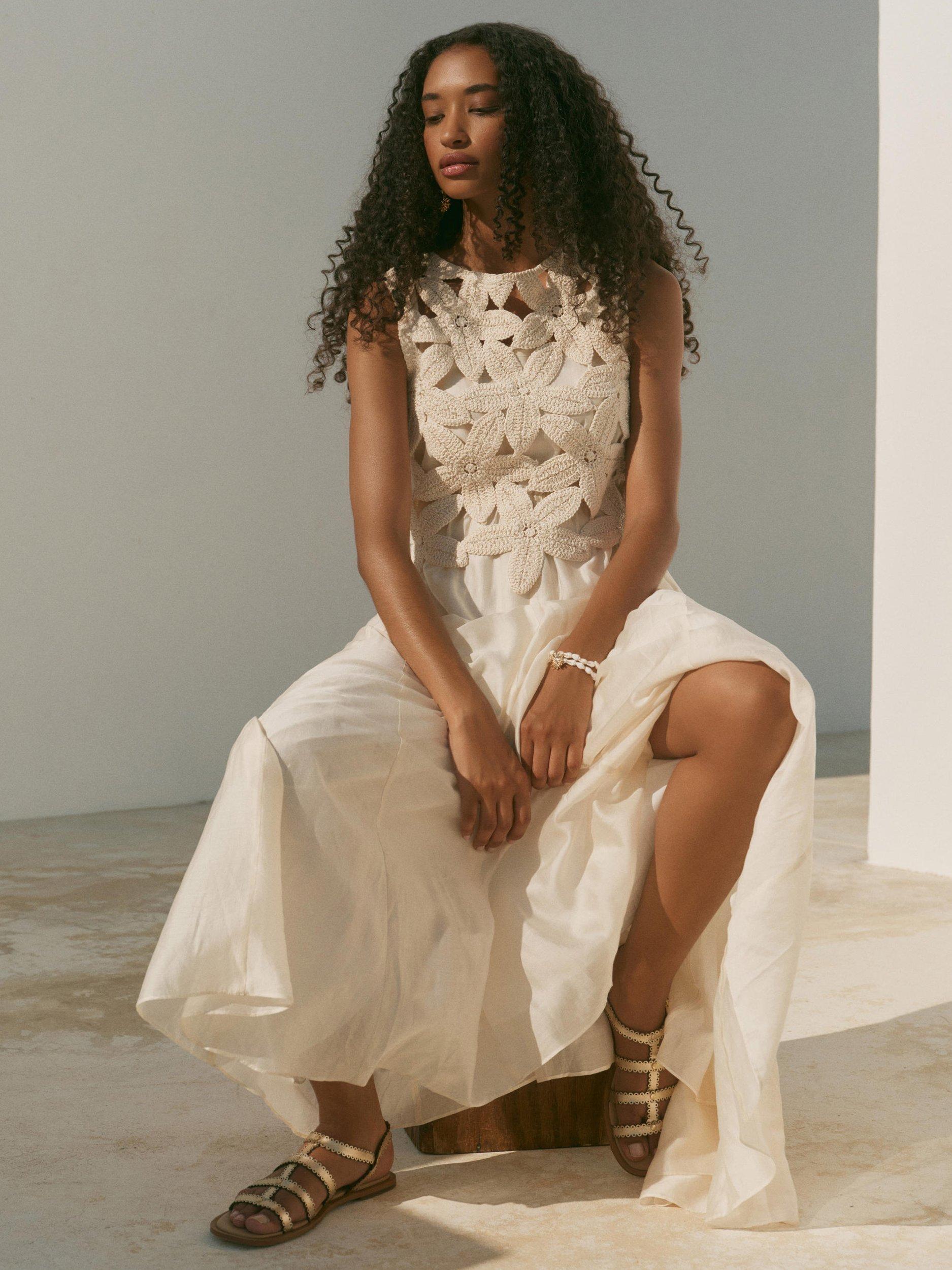 mint velvet crochet dress Mint Velvet White Crochet Trim Tiered Midi Dress | Size L | White | Sleeveless