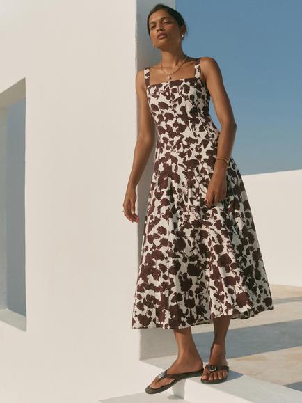 Mint Velvet Floral Pleated Midi Dress, Brown/Multi - view 2, Brown/Multi