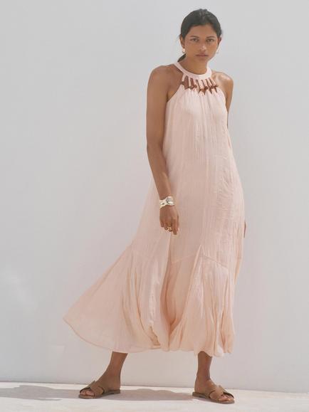 Mint Velvet Beaded Halterneck Crinkle Maxi Dress, Pink Light, Pink Light