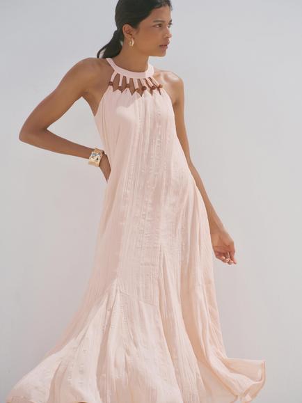Mint Velvet Beaded Halterneck Crinkle Maxi Dress, Pink Light - view 2, Pink Light