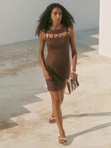 Mint Velvet Beaded Cut Out Pure Linen Mini Dress, Brown, Brown