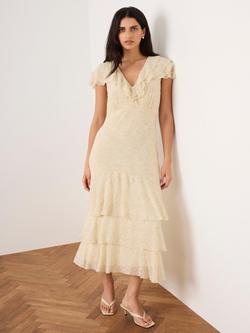 Mint Velvet Spot Print Ruffle Midi Dress, Yellow/Multi, Yellow/Multi