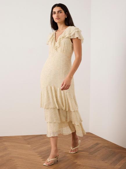 Mint Velvet Spot Print Ruffle Midi Dress, Yellow/Multi - view 2, Yellow/Multi