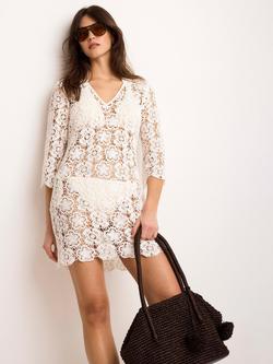 Mint Velvet Crochet Beach Mini Dress, White Ivory, White Ivory