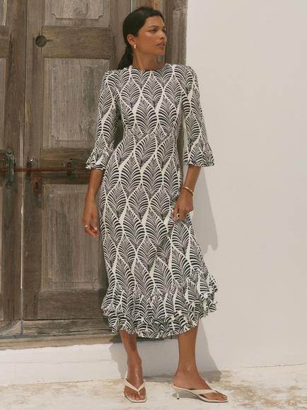 Mint Velvet Geometric Ruffle Sleeve Midi Dress, Blue/Multi, Blue/Multi