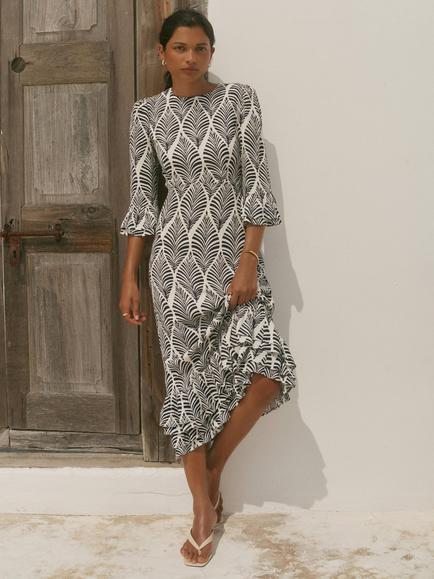 Mint Velvet Geometric Ruffle Sleeve Midi Dress, Blue/Multi - view 2, Blue/Multi