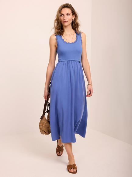 Mint Velvet Scallop Trim Midi Dress, Blue, Blue