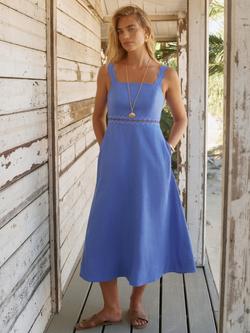 Mint Velvet Scallop Trim Pure Linen Midi Dress, Blue - view 2, Blue