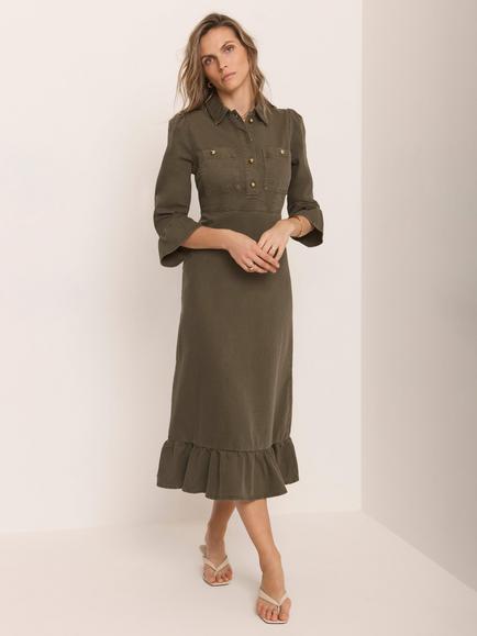 Mint Velvet Denim Midi Shirt Dress, Khaki - view 2, Green Khaki