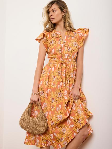 Mint Velvet Floral Ruffle Hem Midi Dress, Orange/Multi, Orange/Multi