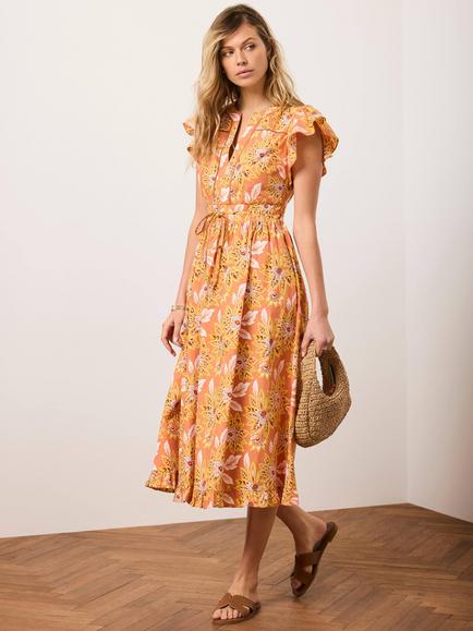 Mint Velvet Floral Ruffle Hem Midi Dress, Orange/Multi - view 2, Orange/Multi