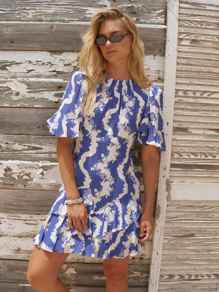 Mint Velvet Ruffle Mini Dress, Blue/Multi, Blue/Multi