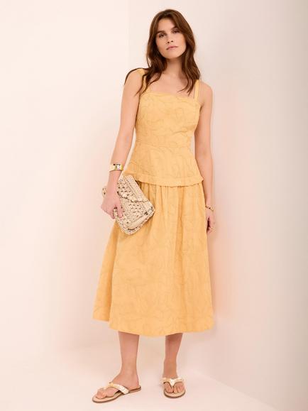 Mint Velvet Textured Floral Ruffle Trim Midi Dress, Yellow - view 2, Yellow