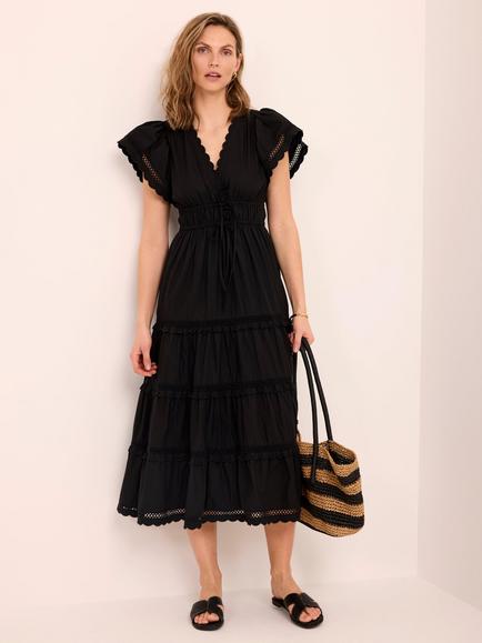 Mint Velvet Scallop Trim Ruffle Maxi Dress, Black, Black