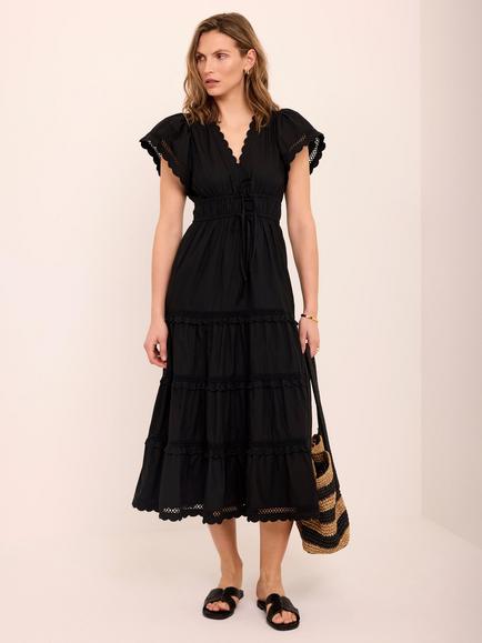 Mint Velvet Scallop Trim Ruffle Maxi Dress, Black - view 2, Black