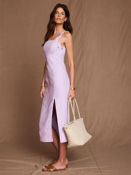 Mint Velvet Bow Detail Pure Linen Midi Dress, Purple Lilac, Purple Lilac