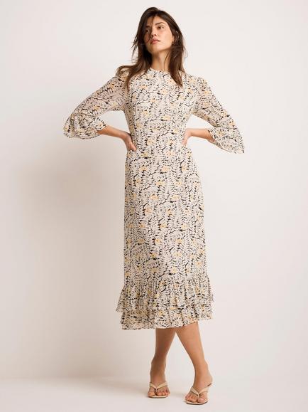 Mint Velvet Floral Ruffle Sleeve Midi Dress, Black, Black