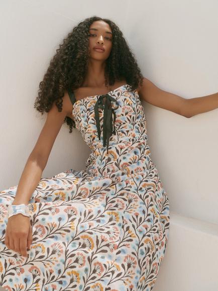 Mint Velvet Pintuck Bust Floral Midi Dress, Blue - view 2, Blue