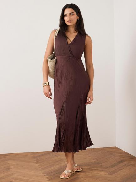 Mint Velvet V-Neck Crinkle Maxi Dress, Red Burgundy, Red Burgundy