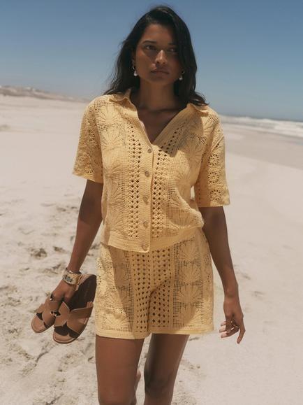 Mint Velvet Crochet Knit Beach Shorts, Yellow, Yellow