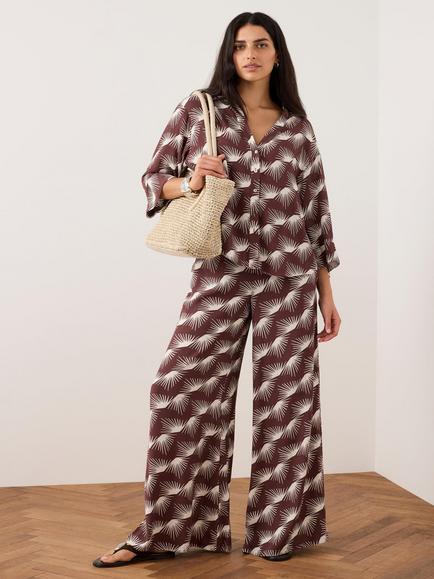 Mint Velvet High Rise Graphic Print Wide Leg Trousers, Red Burgundy, Red Burgundy