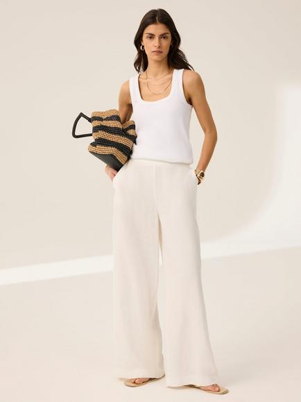 Mint Velvet Scallop Trim Pure Linen Trousers, White Ivory, White Ivory