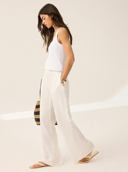 Mint Velvet Scallop Trim Pure Linen Trousers, White Ivory - view 2, White Ivory