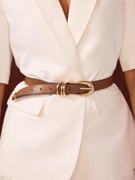 Mint Velvet Classic Buckle Pure Leather Belt, Tan - view 2, Tan