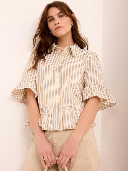 Mint Velvet Striped Ruffle Trim Shirt, Natural, Natural