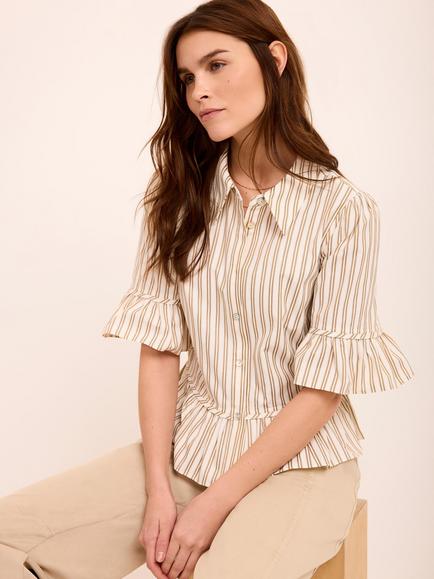 Mint Velvet Striped Ruffle Trim Shirt, Natural - view 2, Natural