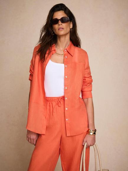 Mint Velvet Sheer Detail Pure Linen Shirt, Orange, Orange