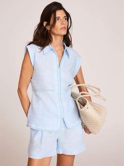 Mint Velvet Linen Sleeveless Shirt, Blue/Multi