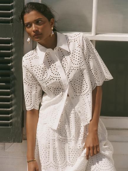 Mint Velvet Cotton Broderie Shirt, White Ivory, White Ivory