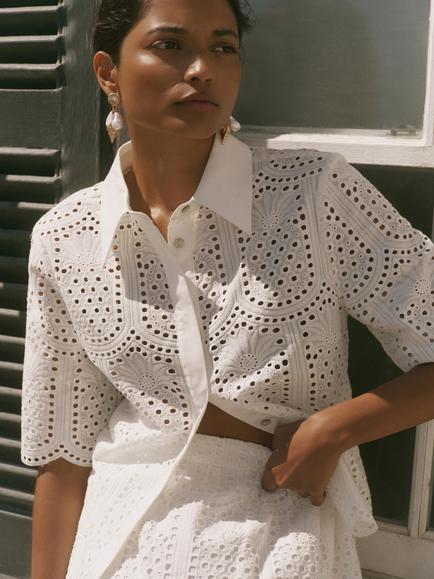 Mint Velvet Cotton Broderie Shirt, White Ivory - view 2, White Ivory