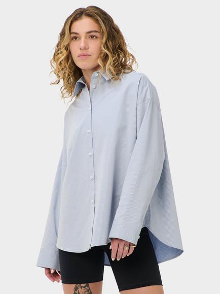 Sweaty Betty Summer Stripe Oversized Cotton Shirt, Laguna Blue/White