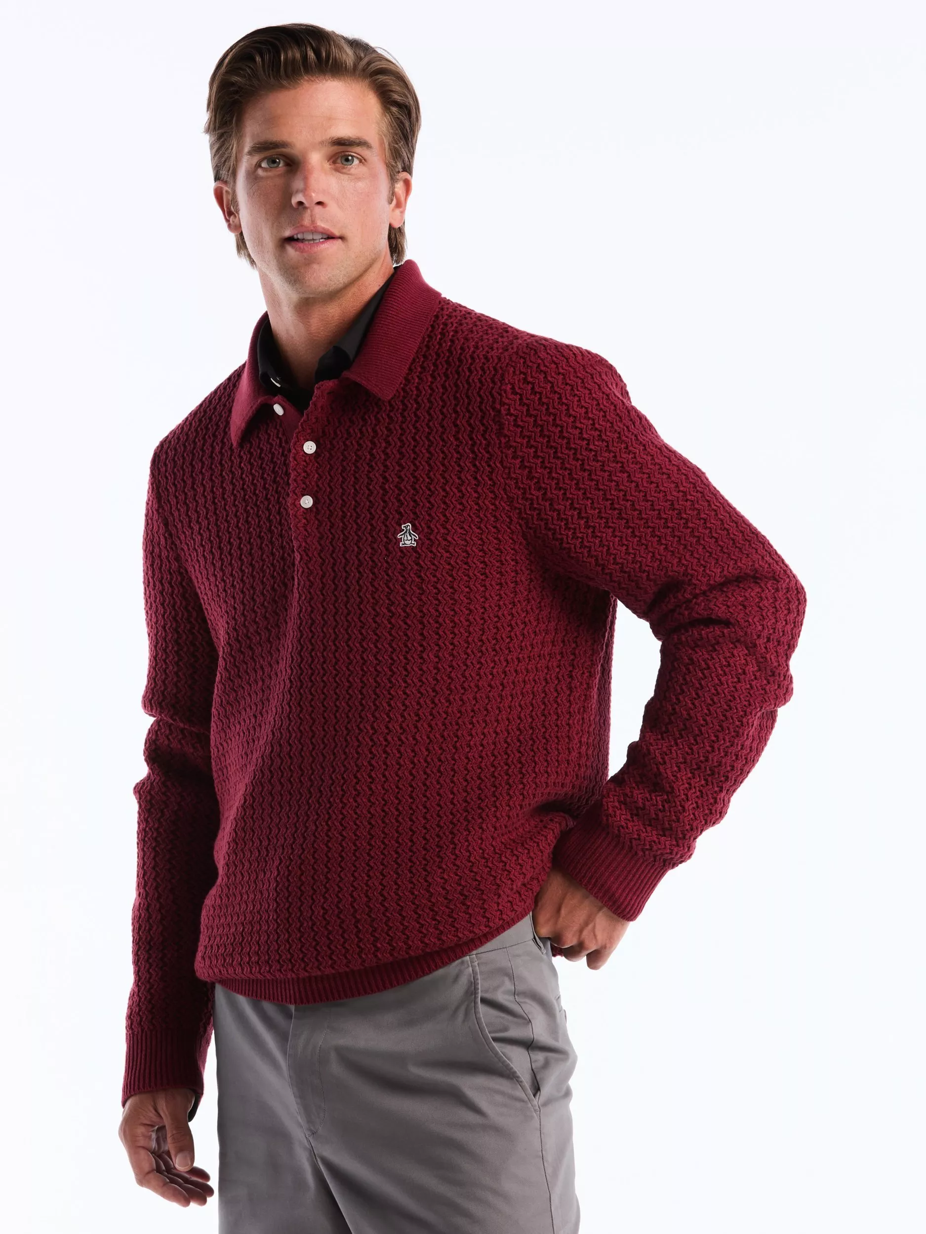 Original Penguin Zigzag Stitch Cotton Blend Knit Polo Shirt, Cabernet