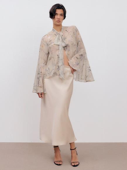Ida Sjöstedt Helena Tie Neck Floral Blouse, Champagne, Champagne